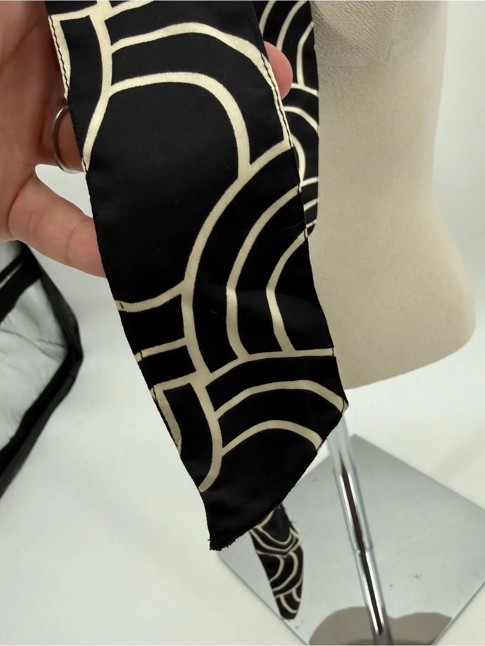 Black White Geometric Skinny Scarf Tie Accessory Silk Hair Scarf Retro Mod